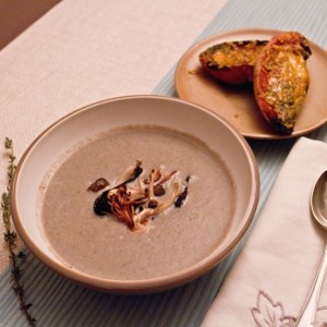 Mushroom Soup with Grilled Wild Mushrooms and Blue Cheese Croutons