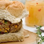 caribbean bean burger with pineapple chilli sauce