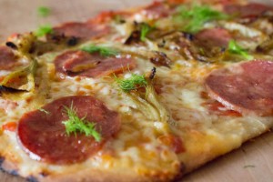 Salami and fennel on pizza