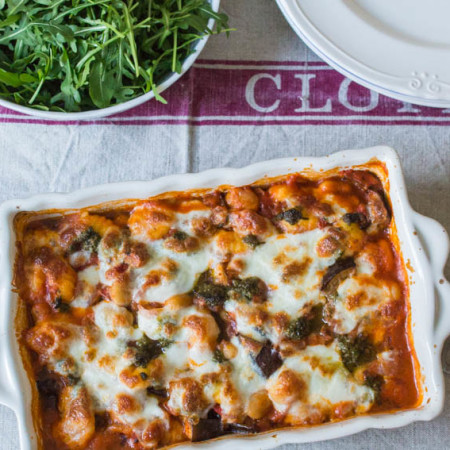 Aubergine, Butterbean, Pesto and Gnocchi Bake