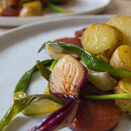 Chorizo Hash with Purple Spring Onions - close up