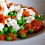 Peas, Broad Beans and Feta with Roasted Tomato and Chilli Sauce - close up