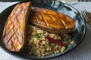 miso roasted aubergine with chard and brown rice