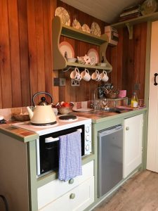 Kitchen inside the shepherd's hut