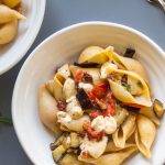 roasted aubergine and tomato pasta with mozzarella