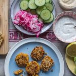 carrot falafel, pickled onions, cucumber and all the sides