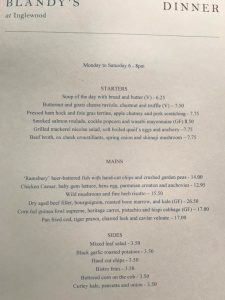 Dinner menu at Blandy's