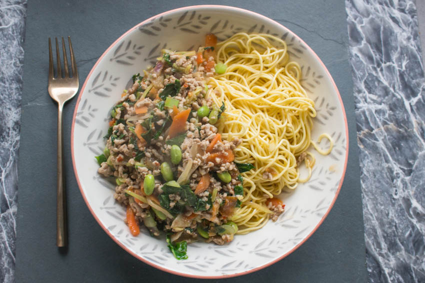 chard and kohlrabi stir fry with noodles