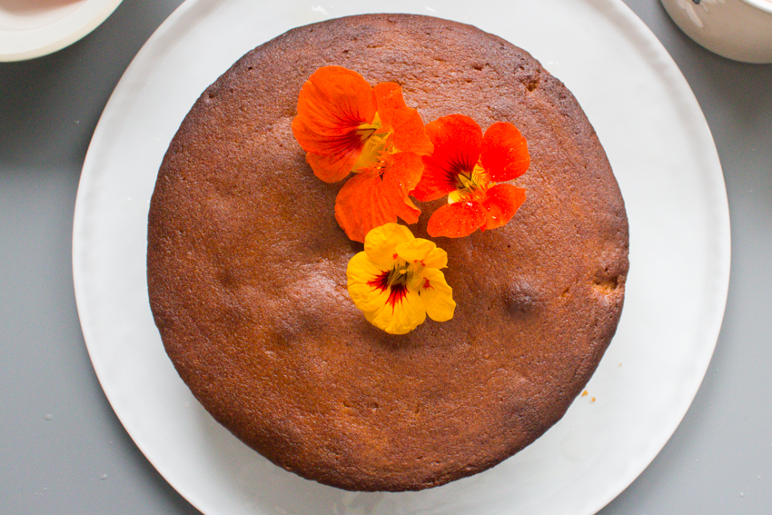 Nasturtiums on top of honey cake
